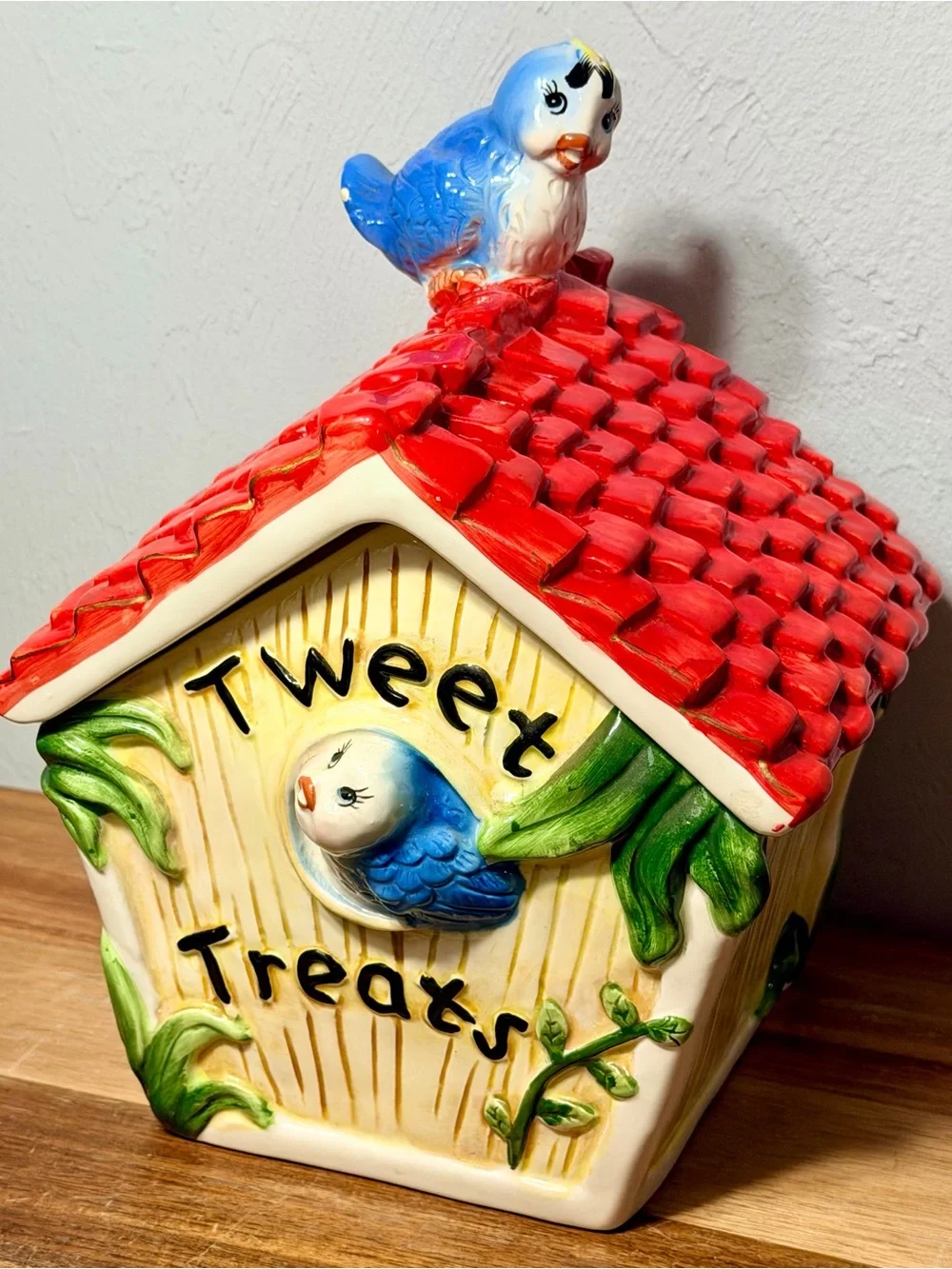 Vintage 1970s Tweety Treats Bluebird Cookie Jar | Ceramic Birdhouse Canister